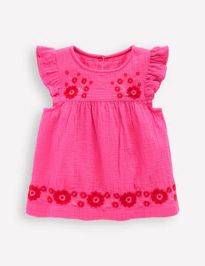 Boden Kids' Double Cloth Frill Sleeve Topsorbet Pink Embroidered Girls