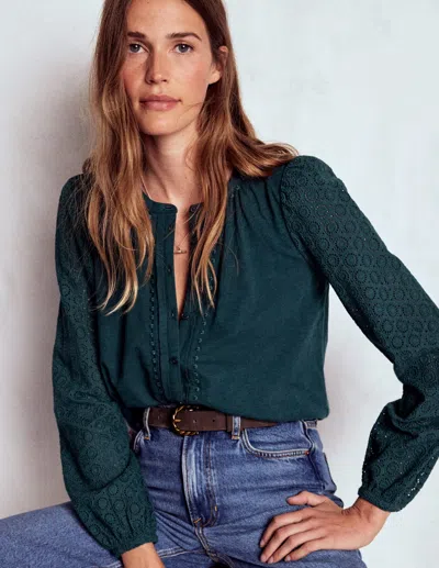 Boden Eden Broderie Jersey Shirt-midnight Teal Female  In Green