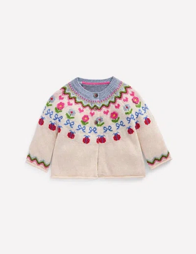 Boden Babies' Edie Fair Isle Cardigan Ecru Marl Flowers  In Multi