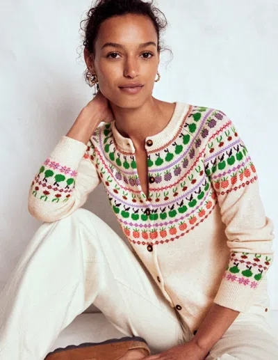 Boden Edie Fair Isle Cardigan Ecru Marl, Fruit  In White