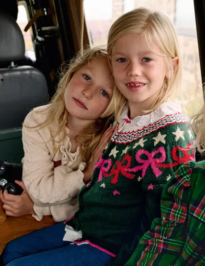 Boden Kids' Edie Fair Isle Cardigan Emerald Night Bows  In Multi