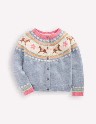 Boden Kids' Edie Fair-isle-strickjacke-gletscherblau Meliert Pferde