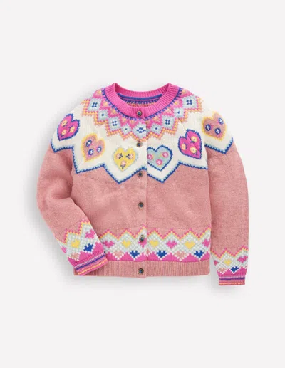 Boden Kids' Edie Fair Isle Cardigan Pink Marl Hearts  In Multi