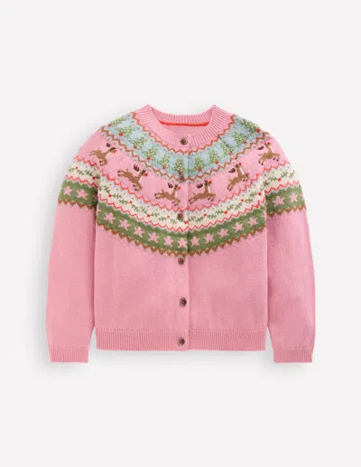Boden Kids' Edie Fair-isle-strickjacke-pink Meliert Rentier