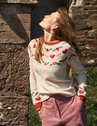 Boden Edie Fair Isle Sweater Oatmeal Melange, Holly  In White