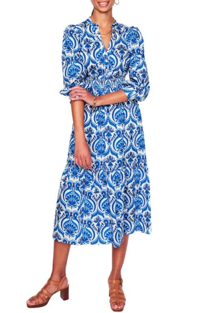Boden Elena Medallion Print Long Sleeve Cotton Midi Dress In Blue, Ornamental Floral