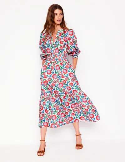 BODEN ELENA TIERED COTTON MIDI DRESS IVORY, GARDEN VINE WOMEN BODEN