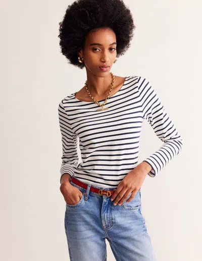 Boden Ella Long Sleeve Stripe Cotton Top In Ivory/black