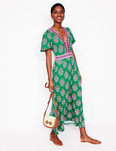 Boden Ellie Flutter Maxi Tea Dress-rich Emerald, Wildflower Stamp Female
