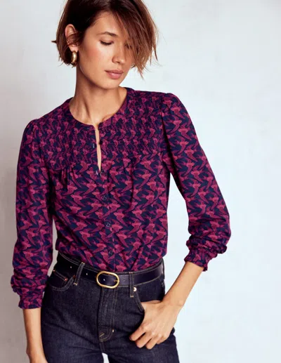 Boden Elsa Jerseyhemd Mit Gesmokter Passe-französisches Marineblau, Schwalben In Purple