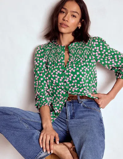 BODEN ELSA SMOCKED YOKE JERSEY SHIRT HIGHLAND GREEN, HEART CASCADE BODEN