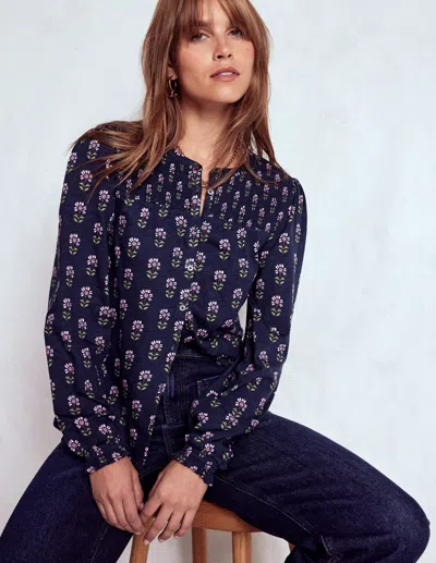 Boden Elsa Smocked Yoke Jersey Shirt Navy Hotchpotch  In Blue