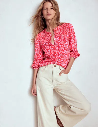 Boden Elsa Jerseyhemd Mit Gesmokter Passe-mohnblumenrot, Rebenornament In Pink