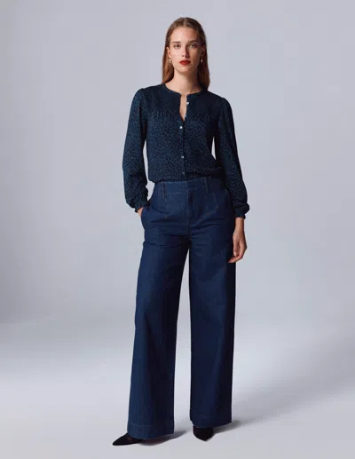 Boden Elsa Smocked Yoke Jersey Shirt Teal Leopard  In Blue