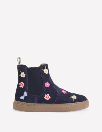 Boden Kids' Embroidered Ankle Boots Navy Floral Embroidery  In Blue