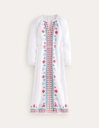 Boden Embroidered Belted Linen Dress White, Multi Women