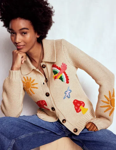 Boden Embroidered Collared Cardigan Ecru Marl  In Multi