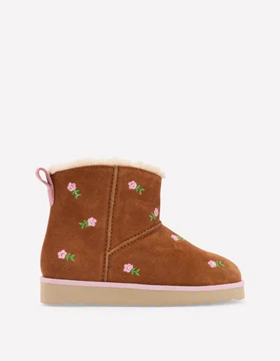 Boden Kids' Embroidered Cosy Boots Embroidered Tan  In Brown