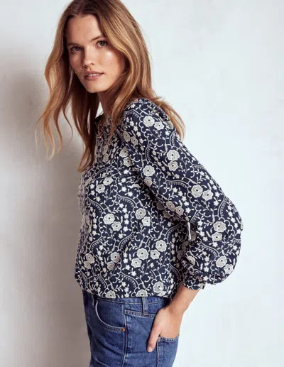 Boden Embroidered Cotton Dobby Top Navy  In Blue