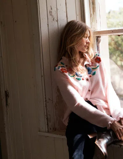 Boden Embroidered Frill Cardigan Blooming Pink