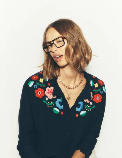 Boden Embroidered Frill Cardigan Navy  In Blue