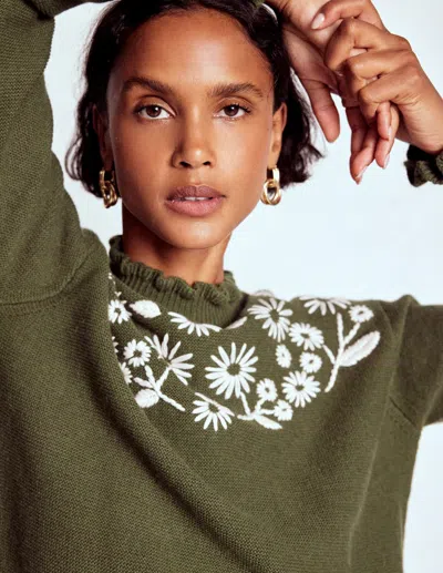 Boden Embroidered Frill Sweater Woodland Green Melange