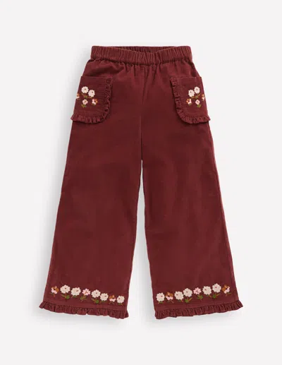 Boden Kids' Embroidered Frill Trousers Chestnut Embroidery  In Burgundy