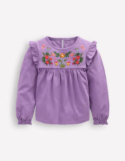 Boden Kids' Embroidered Jersey Yoke Top-aster Purple Embroidery Female  In Multi
