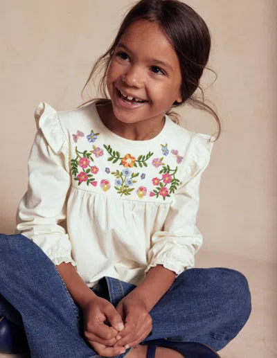 Boden Kids' Embroidered Jersey Yoke Top-soft Ivory Embroidery Female  In White