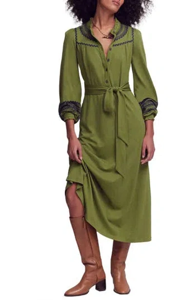 Boden Embroidered Ruffle Trim Midi Shirtdress In Green