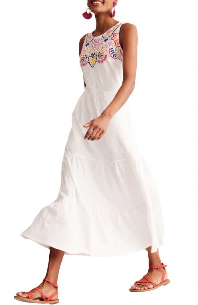 Boden Embroidered Sleeveless Tiered Cotton Midi Dress In White