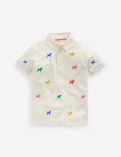Boden Kids' Embroidered Slub Polo Shirt Ivory Rainbow Janet Boys  In White