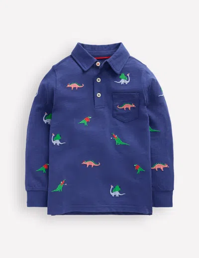 Boden Kids' Embroidered Slub Polo Shirt Starboard Blue Dino