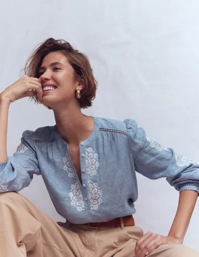 Boden Interest Embroidered Trim Chambray Top In Blue