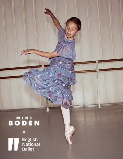 Boden Kids' Embroidered Tulle Ruffle Dress Stormbolt Blue Embroidery