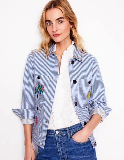 Boden Embroidered Utility Jacket Forget Me Not Blue Fine Stripe Women