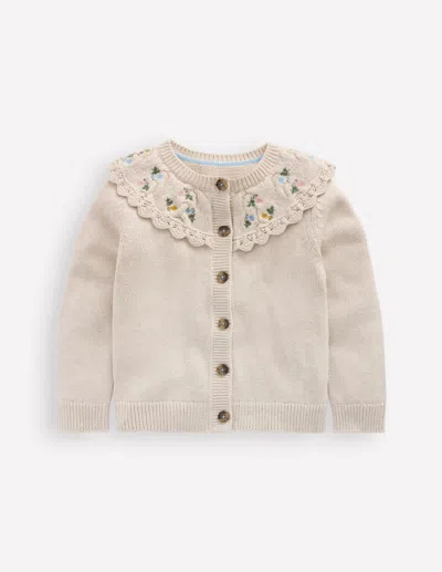 Boden Kids' Embroidered Yoke Cardigan Oatmeal Marl  In Metallic