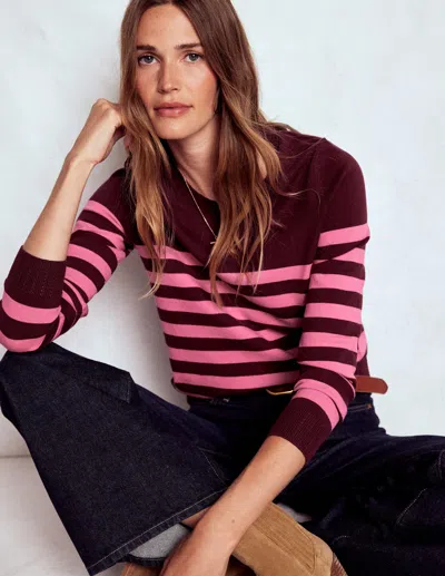 Boden Emilia Cotton Crew Sweater Chestnut/pink Stripe  In Multi