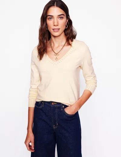 BODEN EMILIA COTTON V-NECK JUMPER-WARM IVORY FEMALE BODEN
