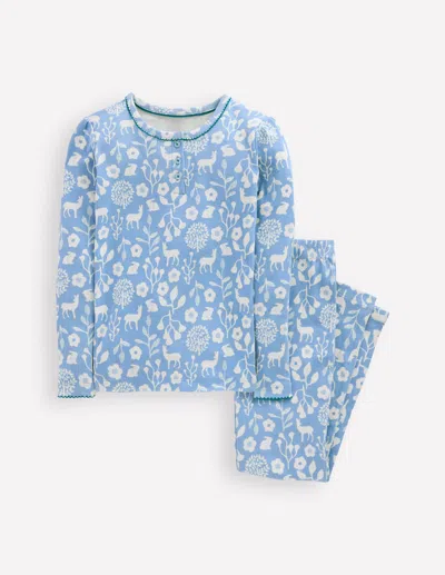 Boden Kids' Eng Anliegender Henley-schlafanzug-gletscherblau Wald-design In Multi