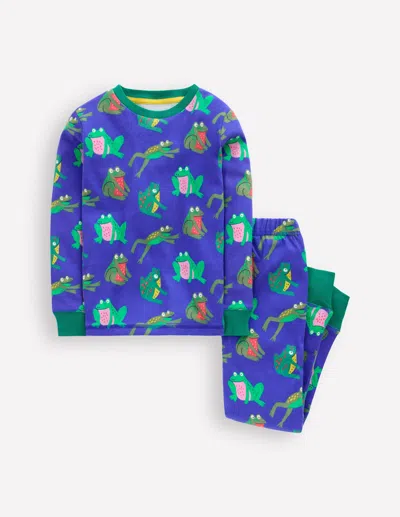 Boden Kids' Eng Anliegender, Im Dunkeln Leuchtender Schlafanzug-surf The Web-blau Frösche In Multi