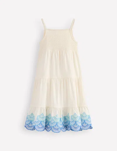 Boden Kids' Enza Broderie Hem Jersey Dresssoft Ivory Shells Girls
