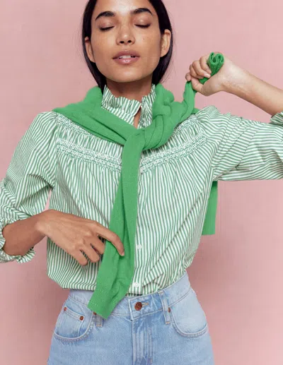 Boden Esme Smocked Detail Frill Top Highland Green, Ivory Stripe