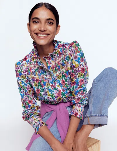 Boden Esme Smocked Detail Frill Top Multi, Blossoming Garden