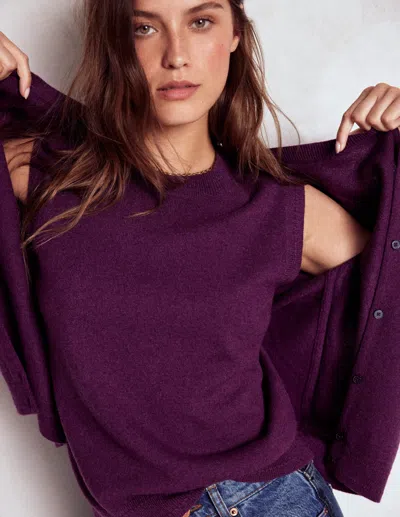 Boden Eva Kaschmir-strickjacke Mit Rundhalsausschnitt-pflaume Melange In Purple