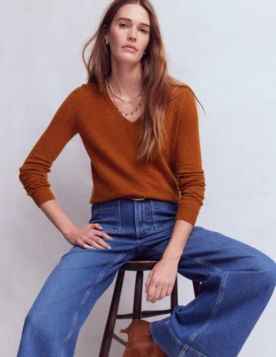 Boden Eva Cashmere V Neck Sweater Cognac Melange  In Brown