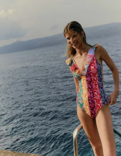 Boden Evia Ruffle Swimsuit Multi, Ornate Vine Hotch Women  In Gray