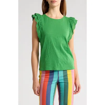 Boden Eyelet Embroidered Flutter Sleeve Cotton Top In Green