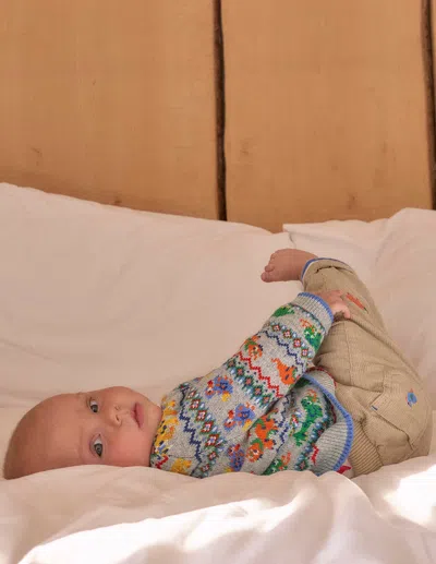 Boden Babies' Fair-isle-pullover Mit Knöpfen-grau Meliert Prähistorische Tiere In Multi
