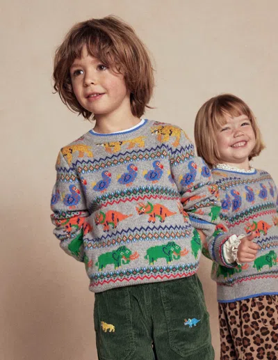 Boden Kids' Fair-isle-pullover-grau Meliert Prähistorische Tiere In Multi